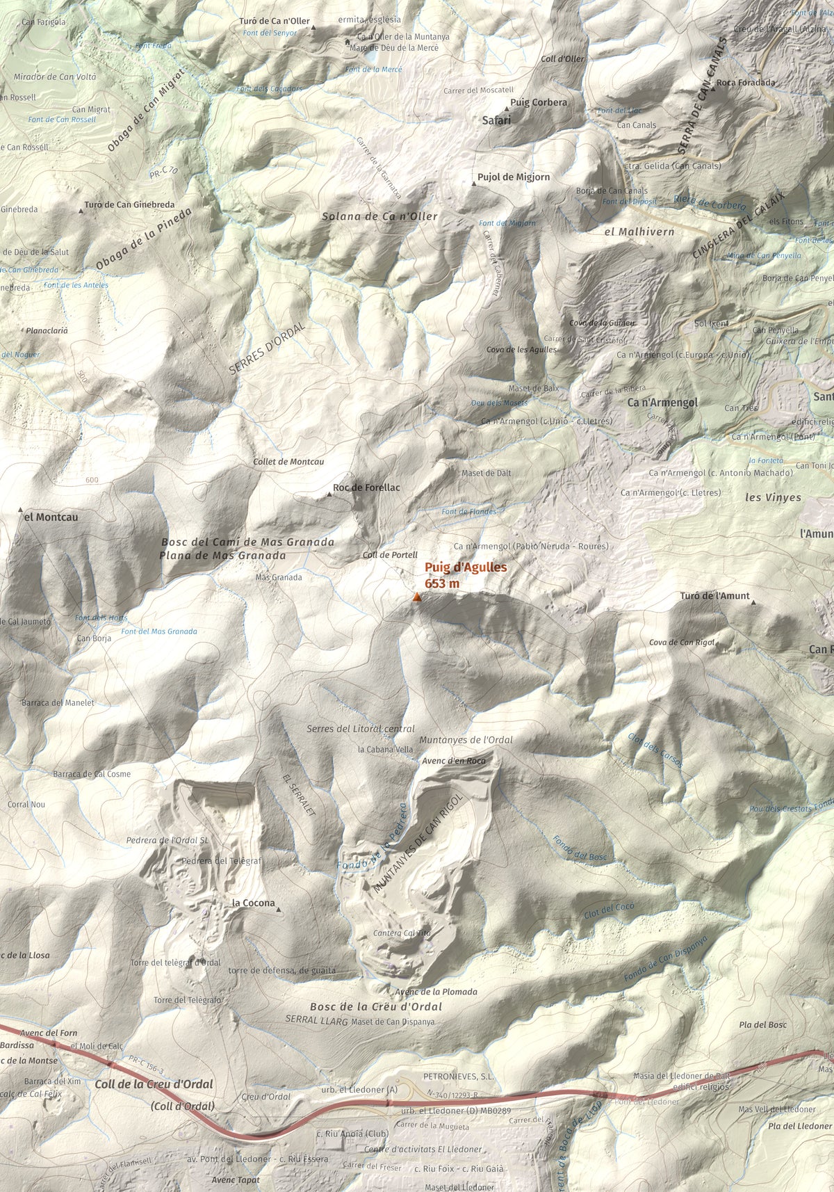 Mapa topogràfic del relleu: Puig d'Agulles, 653 m. Detall de la zona central. 70 × 100 cm.