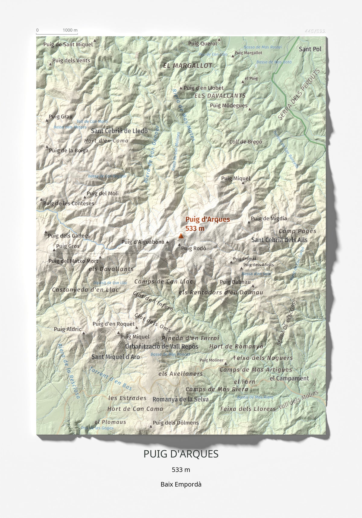 Mapa de relieve de Puig d'Arques, 533 m, Baix Empordà, lámina 100 Cims de Trobart 21 × 30 cm.