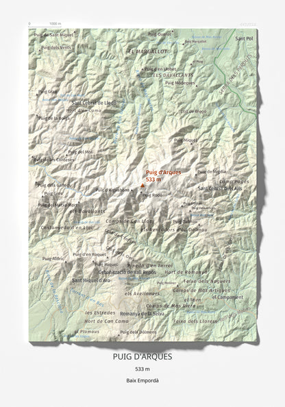 Mapa de relieve de Puig d'Arques, 533 m, Baix Empordà, lámina 100 Cims de Trobart 21 × 30 cm.