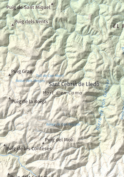 Mapa de relieve de Puig d'Arques, 533 m, Baix Empordà, lámina 100 Cims de Trobart. Detalle de la zona superior izquierda. 21 × 30 cm.