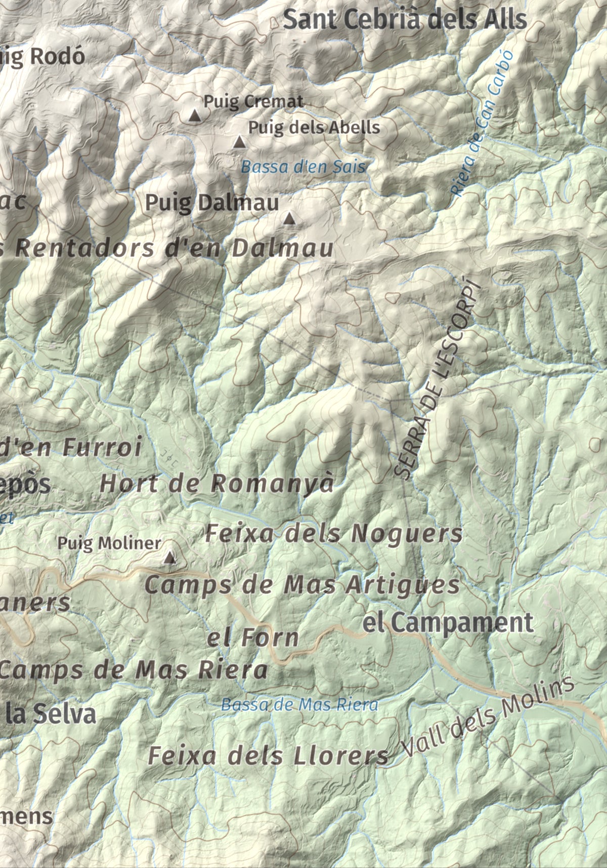 Mapa de relieve de Puig d'Arques, 533 m, Baix Empordà, lámina 100 Cims de Trobart. Detalle de la zona inferior derecha. 21 × 30 cm.