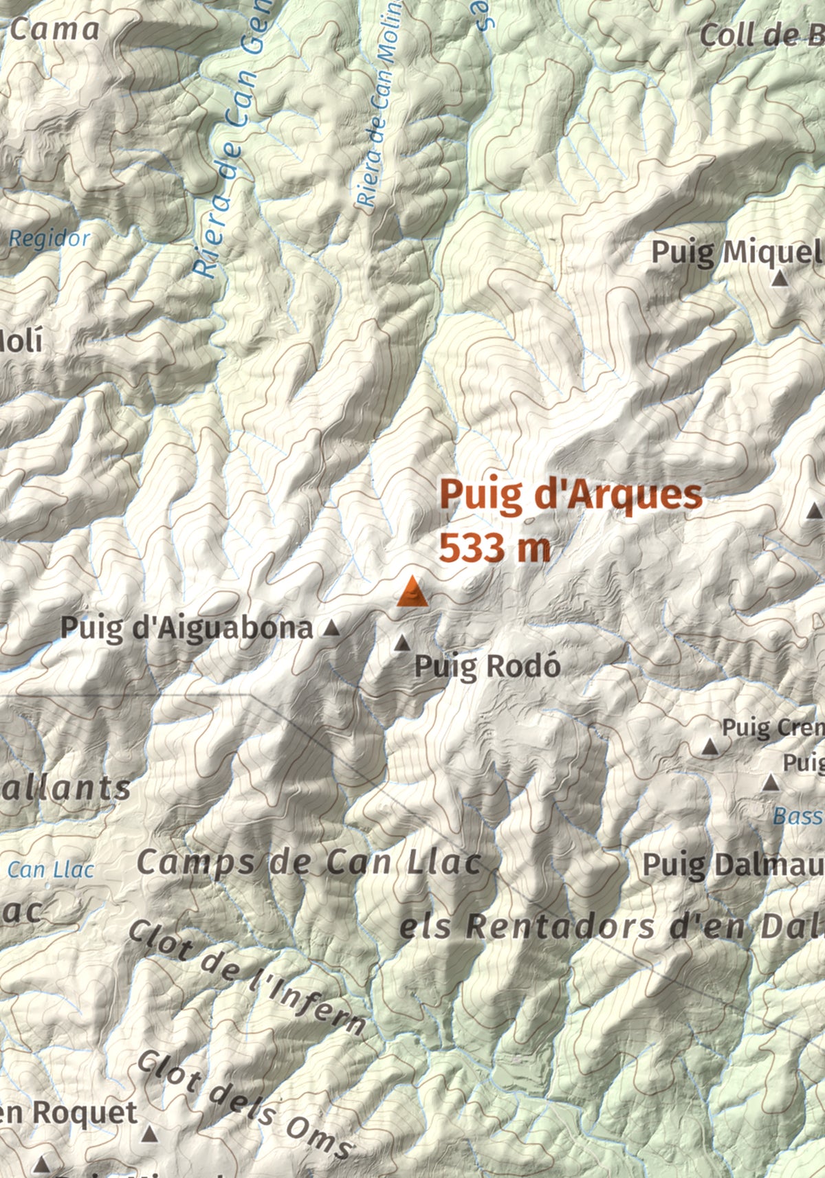 Mapa de relieve de Puig d'Arques, 533 m, Baix Empordà, lámina 100 Cims de Trobart. Detalle de la zona central. 21 × 30 cm.