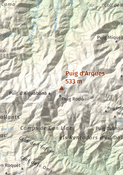 Mapa de relieve de Puig d'Arques, 533 m, Baix Empordà, lámina 100 Cims de Trobart. Detalle de la zona central. 21 × 30 cm.