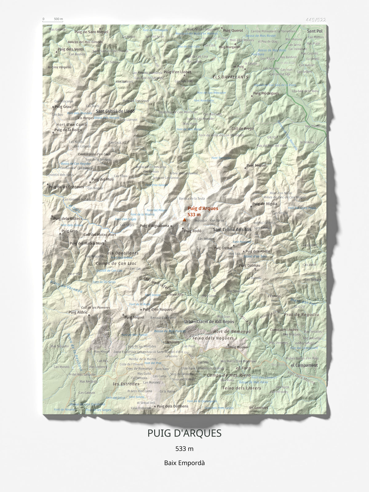 Mapa de relieve de Puig d'Arques, 533 m, Baix Empordà, lámina 100 Cims de Trobart 30 × 40 cm.