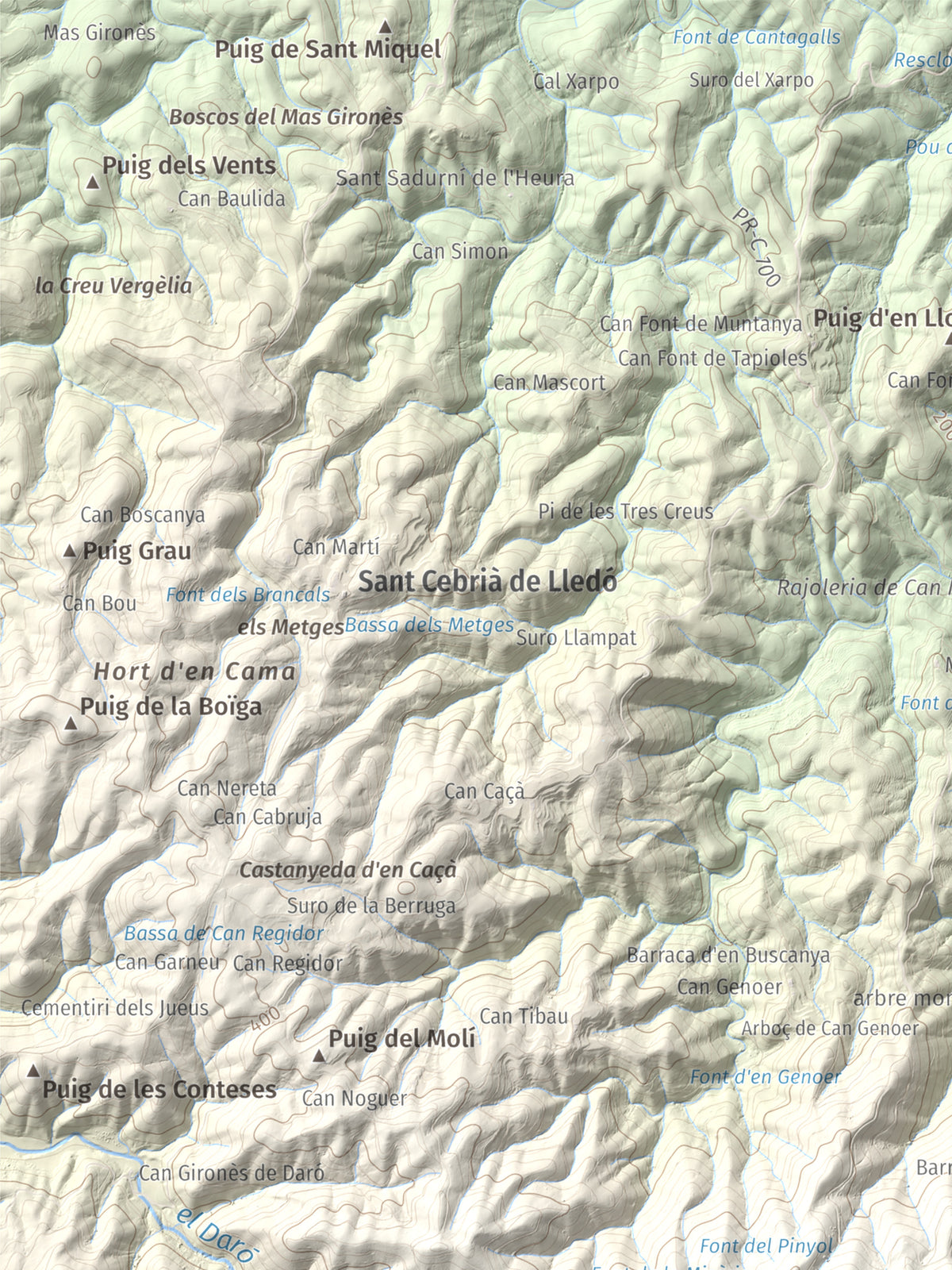 Mapa de relieve de Puig d'Arques, 533 m, Baix Empordà, lámina 100 Cims de Trobart. Detalle de la zona superior izquierda. 30 × 40 cm.