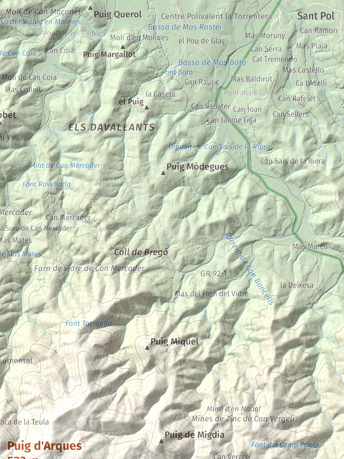 Mapa de relieve de Puig d'Arques, 533 m, Baix Empordà, lámina 100 Cims de Trobart. Detalle de la zona superior derecha. 30 × 40 cm.
