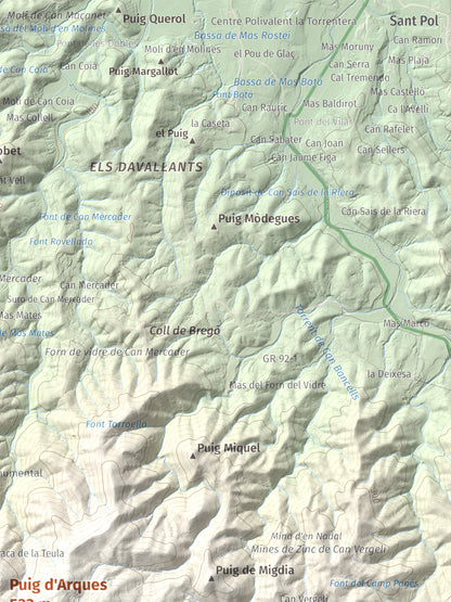 Mapa de relieve de Puig d'Arques, 533 m, Baix Empordà, lámina 100 Cims de Trobart. Detalle de la zona superior derecha. 30 × 40 cm.