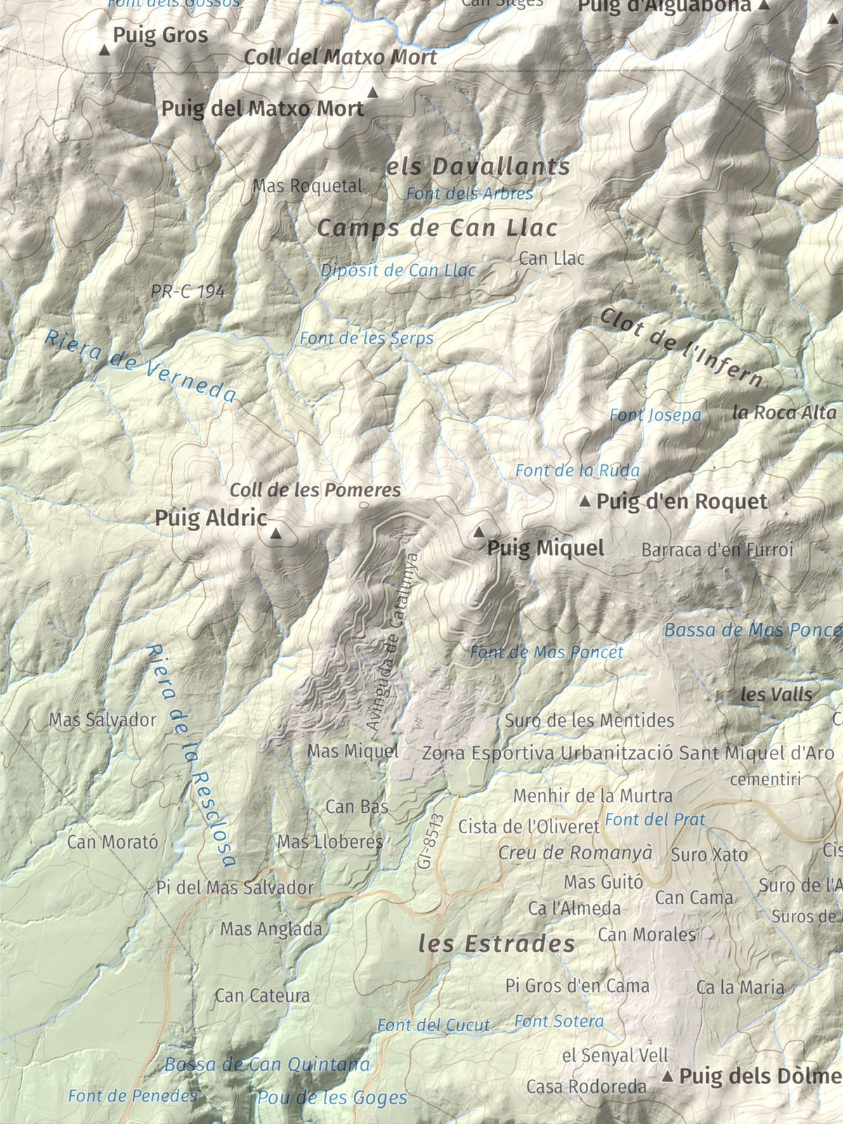 Mapa de relieve de Puig d'Arques, 533 m, Baix Empordà, lámina 100 Cims de Trobart. Detalle de la zona inferior izquierda. 30 × 40 cm.