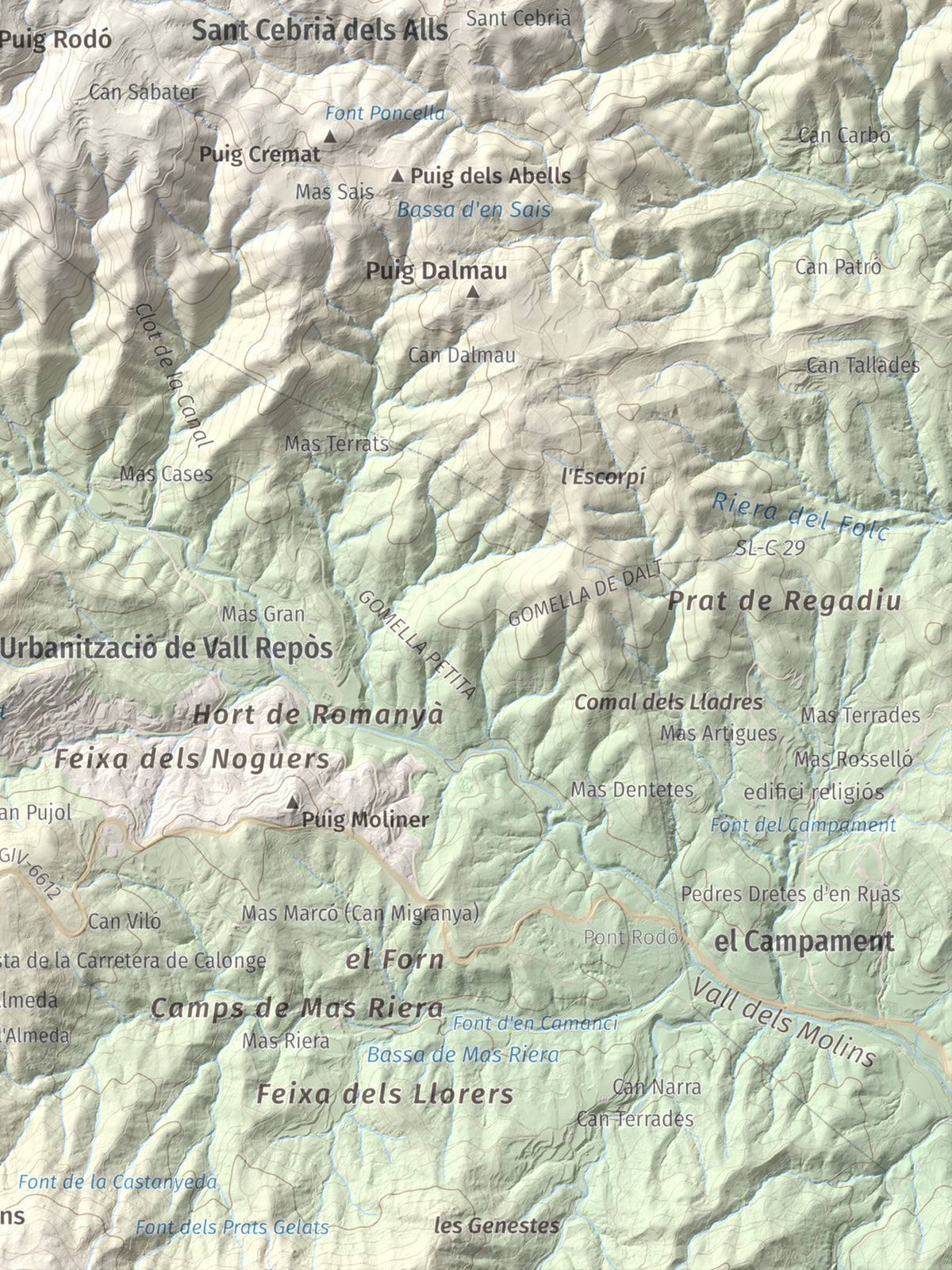 Mapa de relieve de Puig d'Arques, 533 m, Baix Empordà, lámina 100 Cims de Trobart. Detalle de la zona inferior derecha. 30 × 40 cm.