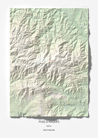 Mapa de relieve de Puig d'Arques, 533 m, Baix Empordà, lámina 100 Cims de Trobart 50 × 70 cm.