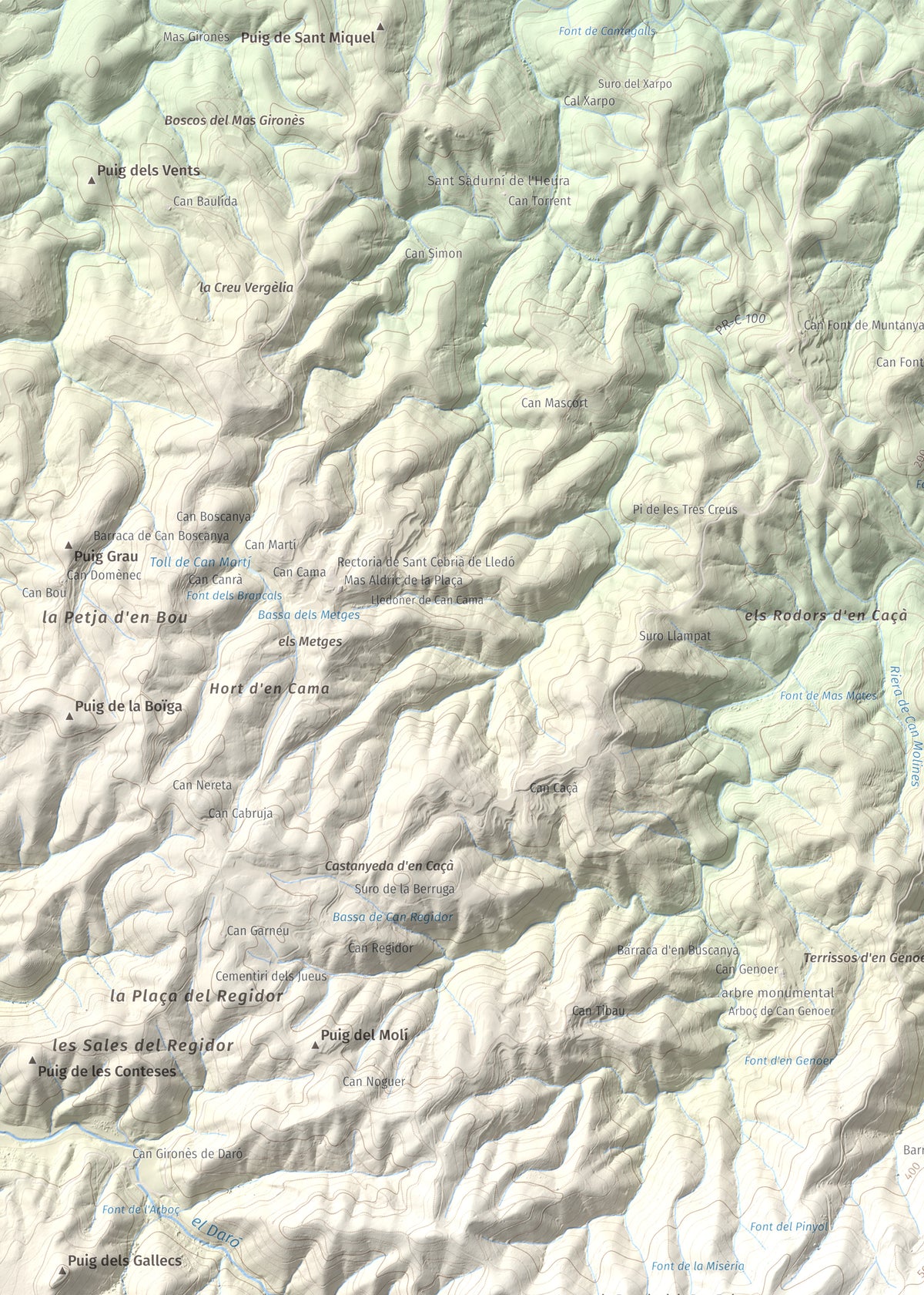 Mapa de relieve de Puig d'Arques, 533 m, Baix Empordà, lámina 100 Cims de Trobart. Detalle de la zona superior izquierda. 50 × 70 cm.