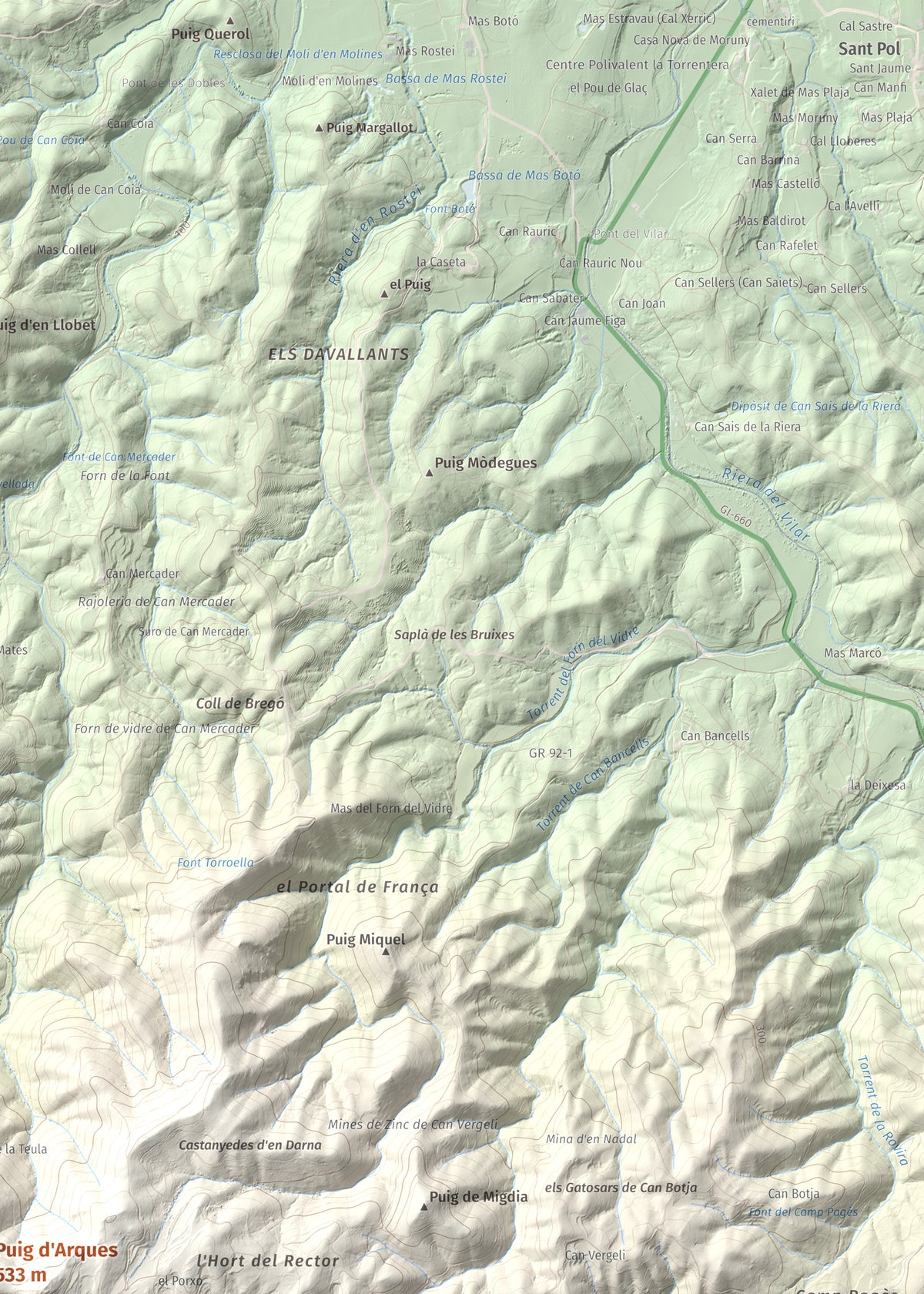 Mapa de relieve de Puig d'Arques, 533 m, Baix Empordà, lámina 100 Cims de Trobart. Detalle de la zona superior derecha. 50 × 70 cm.