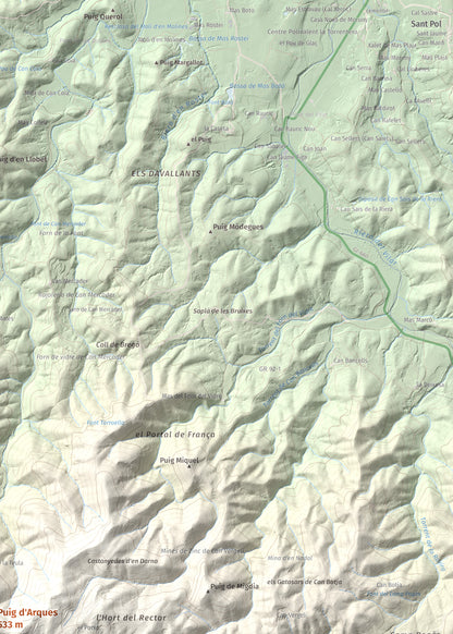 Mapa de relieve de Puig d'Arques, 533 m, Baix Empordà, lámina 100 Cims de Trobart. Detalle de la zona superior derecha. 50 × 70 cm.