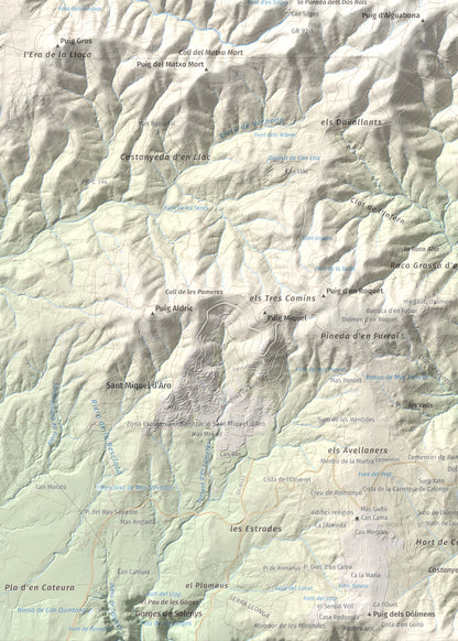 Mapa de relieve de Puig d'Arques, 533 m, Baix Empordà, lámina 100 Cims de Trobart. Detalle de la zona inferior izquierda. 50 × 70 cm.