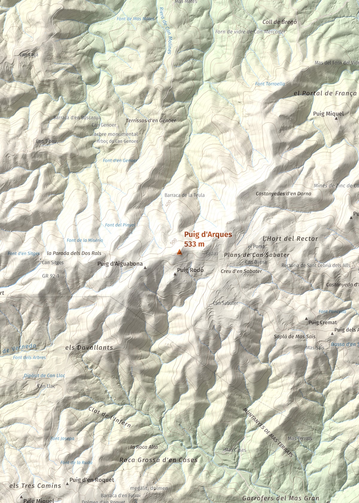Mapa de relieve de Puig d'Arques, 533 m, Baix Empordà, lámina 100 Cims de Trobart. Detalle de la zona central. 50 × 70 cm.