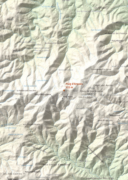 Mapa de relieve de Puig d'Arques, 533 m, Baix Empordà, lámina 100 Cims de Trobart. Detalle de la zona central. 50 × 70 cm.