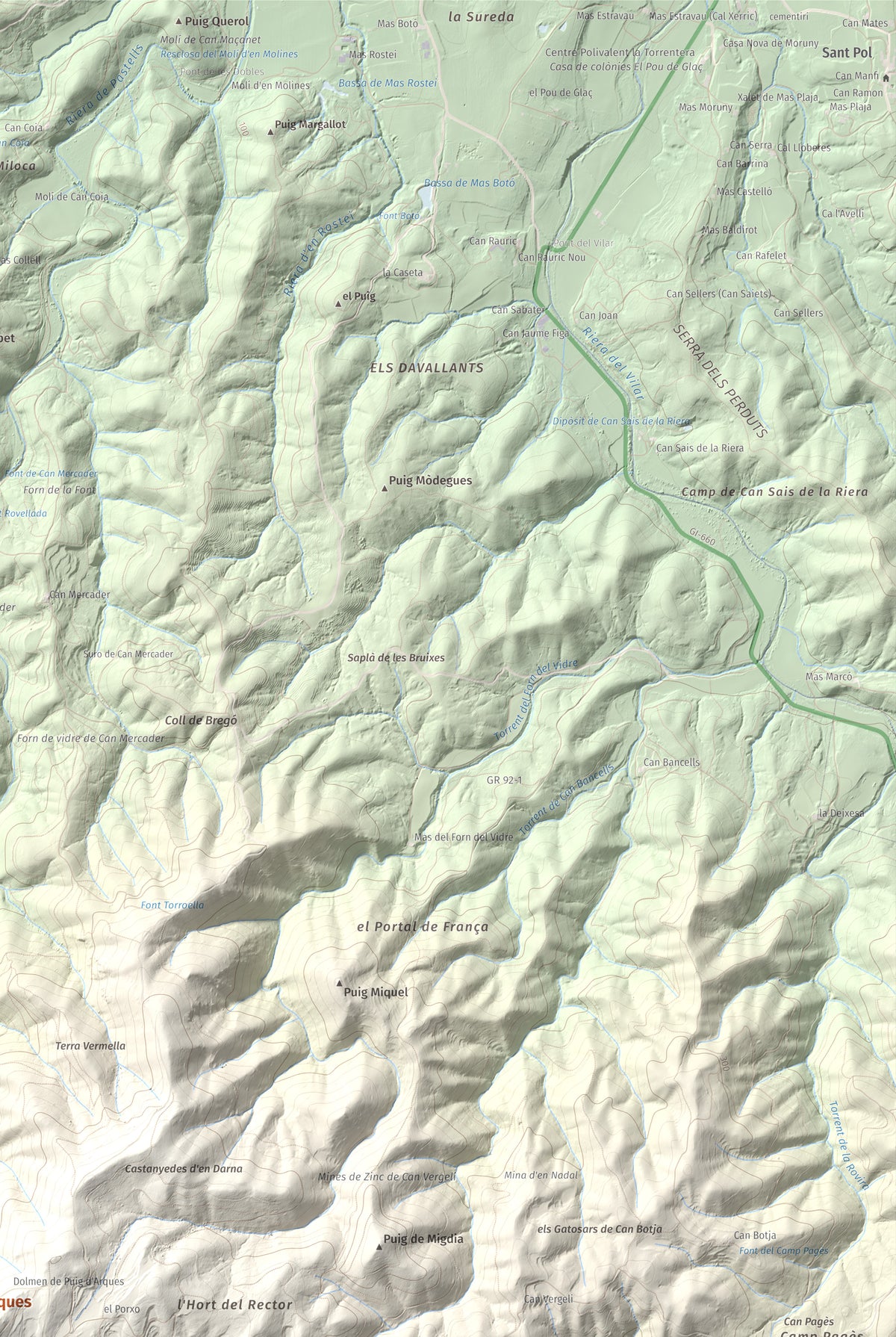 Mapa de relieve de Puig d'Arques, 533 m, Baix Empordà, lámina 100 Cims de Trobart. Detalle de la zona superior derecha. 61 × 91 cm.