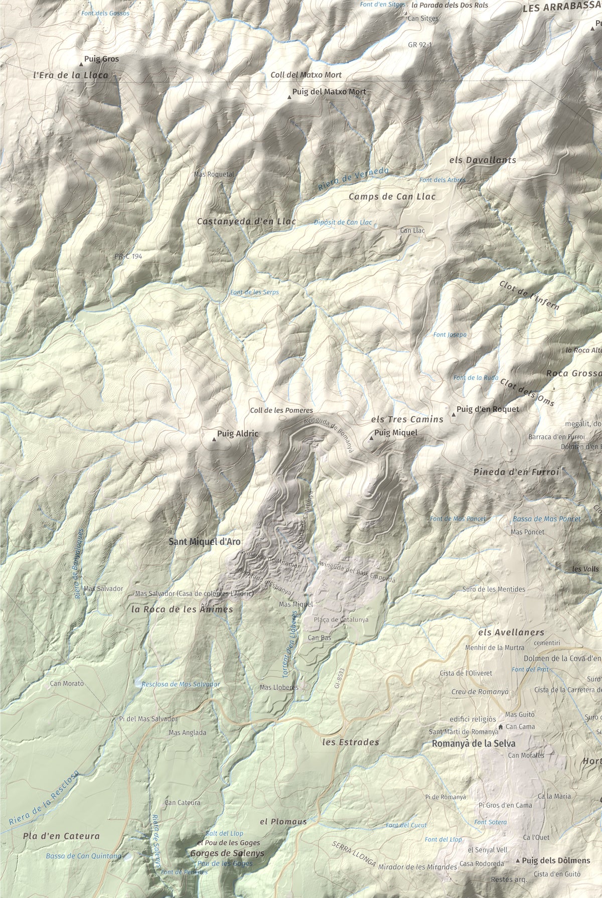 Mapa de relieve de Puig d'Arques, 533 m, Baix Empordà, lámina 100 Cims de Trobart. Detalle de la zona inferior izquierda. 61 × 91 cm.