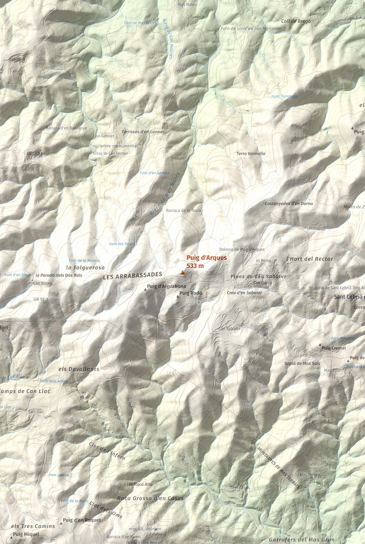 Mapa de relieve de Puig d'Arques, 533 m, Baix Empordà, lámina 100 Cims de Trobart. Detalle de la zona central. 61 × 91 cm.