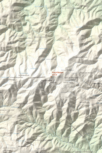 Mapa de relieve de Puig d'Arques, 533 m, Baix Empordà, lámina 100 Cims de Trobart. Detalle de la zona central. 61 × 91 cm.