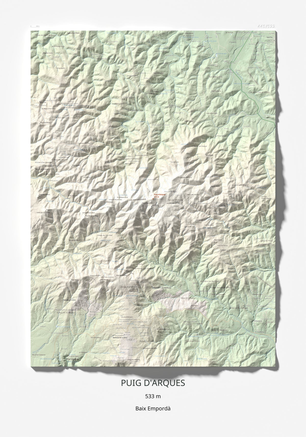 Mapa de relieve de Puig d'Arques, 533 m, Baix Empordà, lámina 100 Cims de Trobart 70 × 100 cm.