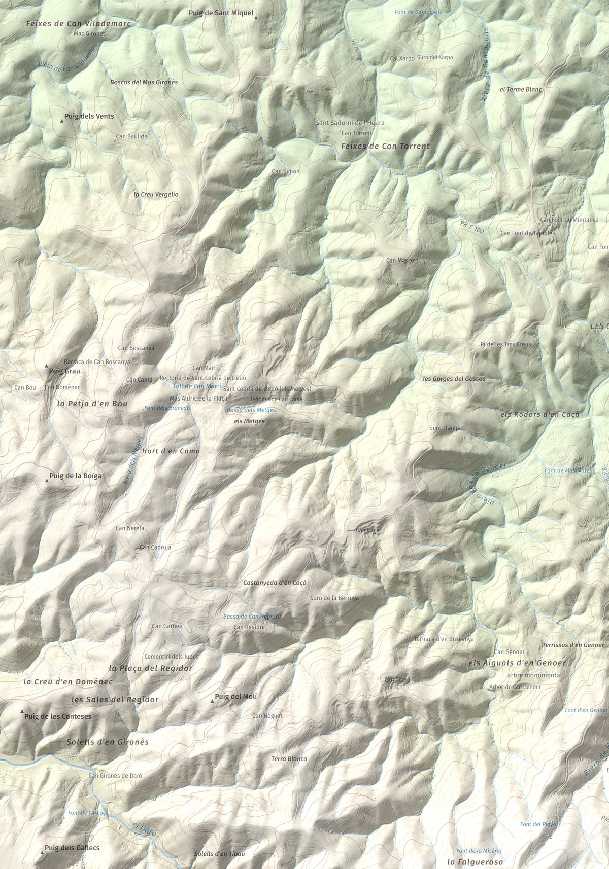 Mapa de relieve de Puig d'Arques, 533 m, Baix Empordà, lámina 100 Cims de Trobart. Detalle de la zona superior izquierda. 70 × 100 cm.
