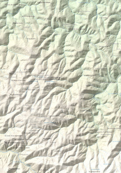 Mapa de relieve de Puig d'Arques, 533 m, Baix Empordà, lámina 100 Cims de Trobart. Detalle de la zona superior izquierda. 70 × 100 cm.