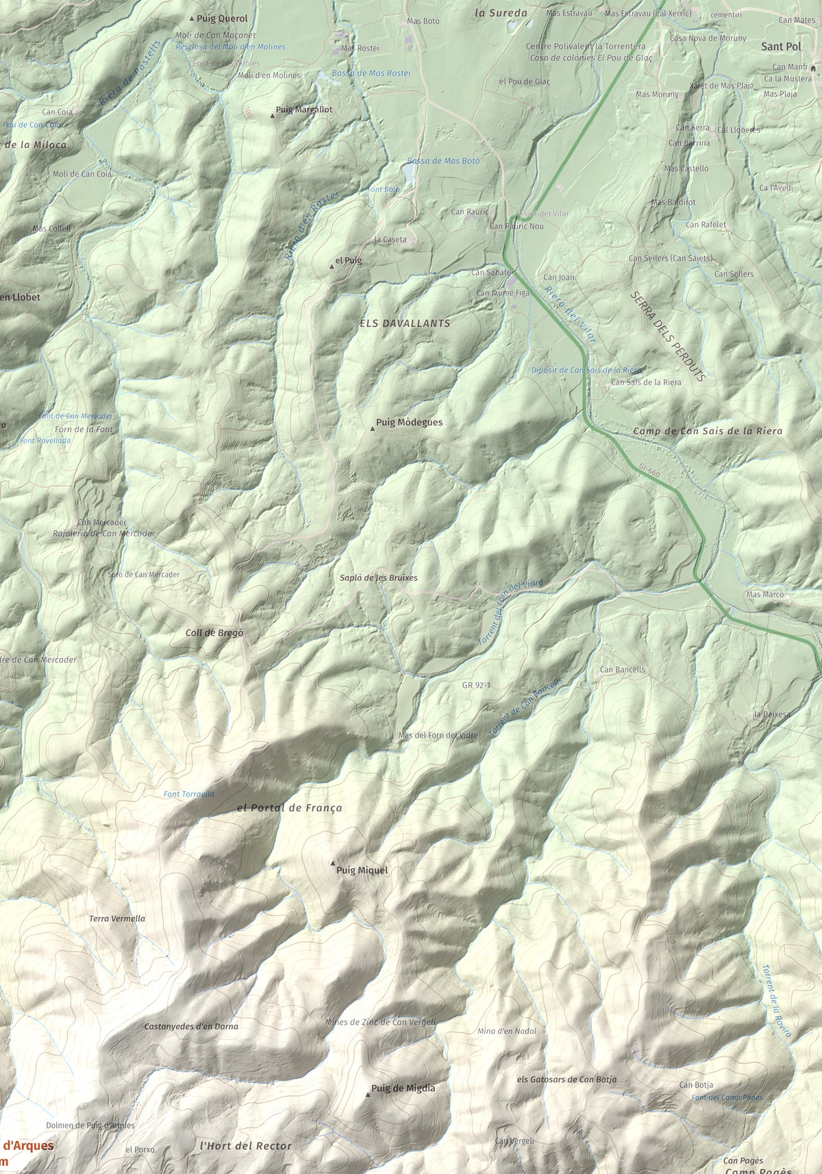 Mapa de relieve de Puig d'Arques, 533 m, Baix Empordà, lámina 100 Cims de Trobart. Detalle de la zona superior derecha. 70 × 100 cm.