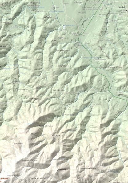 Mapa de relieve de Puig d'Arques, 533 m, Baix Empordà, lámina 100 Cims de Trobart. Detalle de la zona superior derecha. 70 × 100 cm.