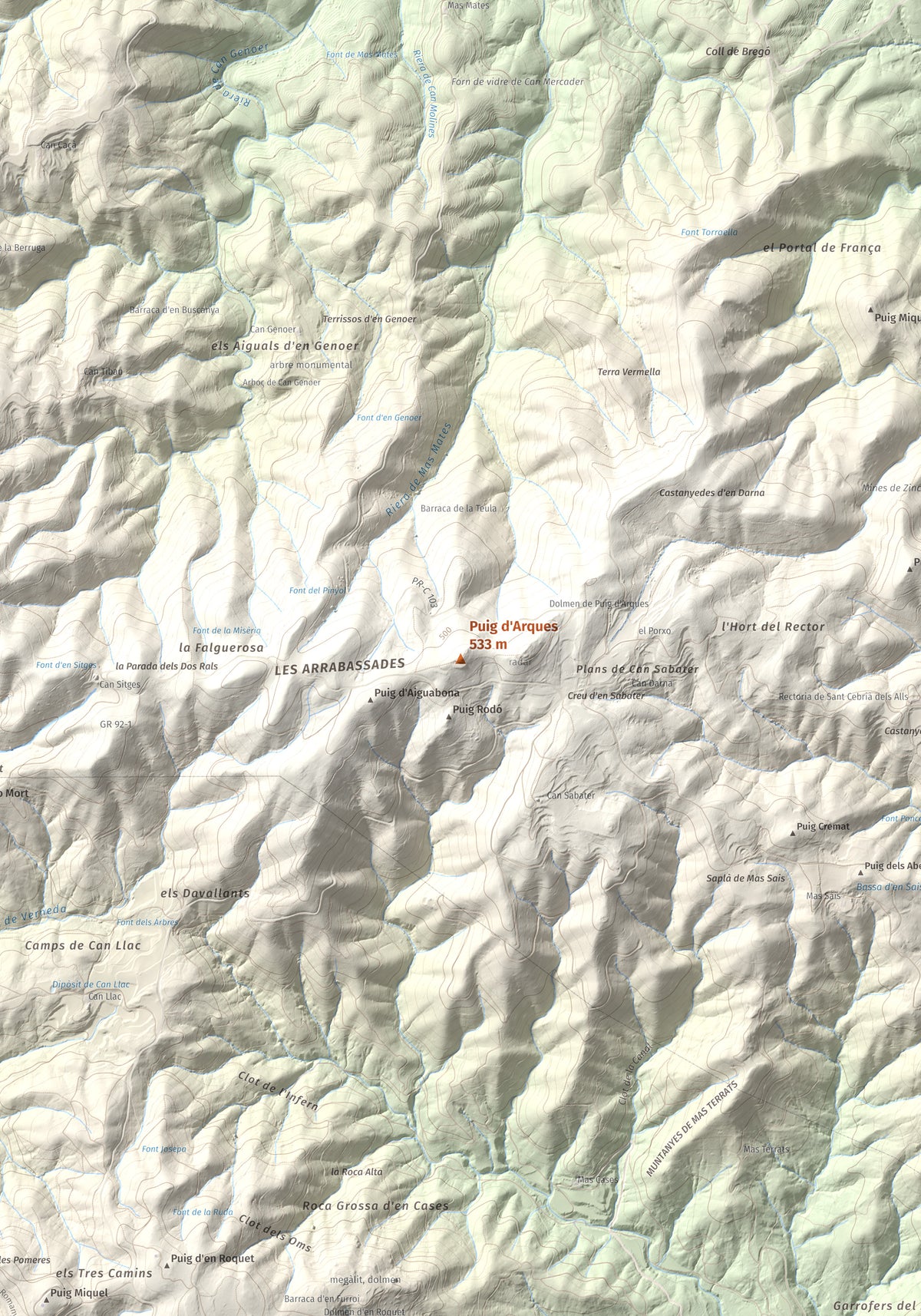 Mapa de relieve de Puig d'Arques, 533 m, Baix Empordà, lámina 100 Cims de Trobart. Detalle de la zona central. 70 × 100 cm.