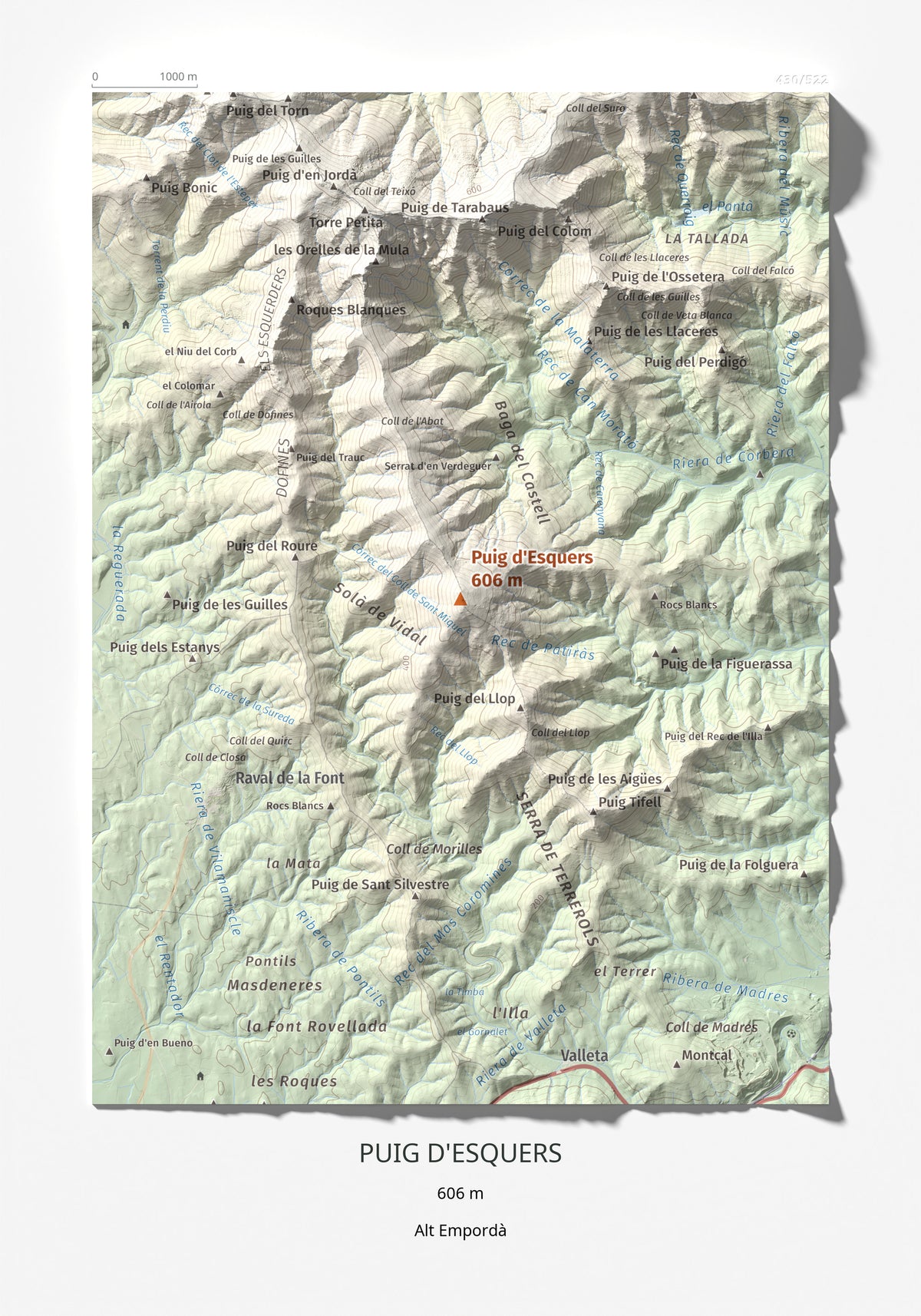Mapa topográfico del relieve: Puig d'Esquers, 606 m. Lámina completa. 21 × 30 cm.