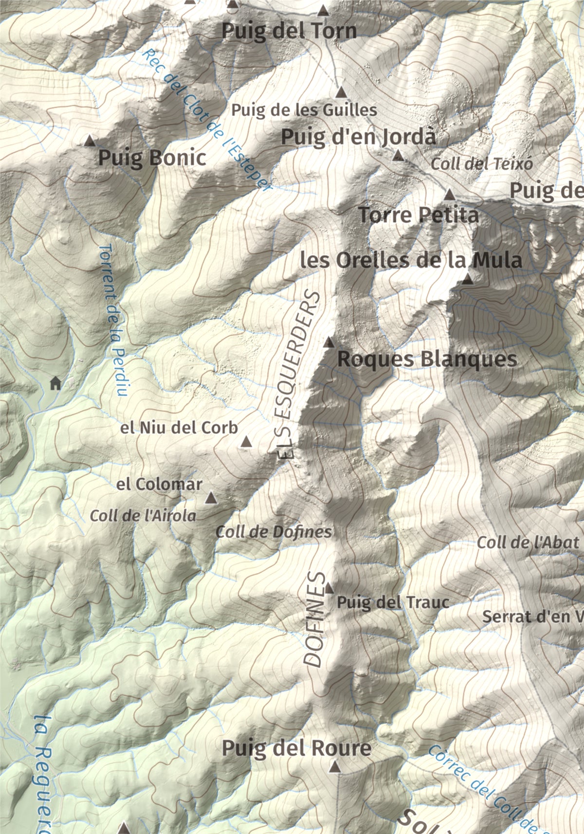 Mapa topográfico del relieve: Puig d'Esquers, 606 m. Detalle de la zona superior izquierda. 21 × 30 cm.