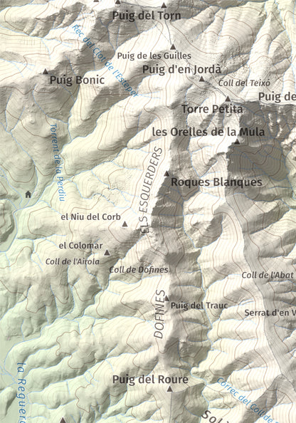 Mapa topográfico del relieve: Puig d'Esquers, 606 m. Detalle de la zona superior izquierda. 21 × 30 cm.