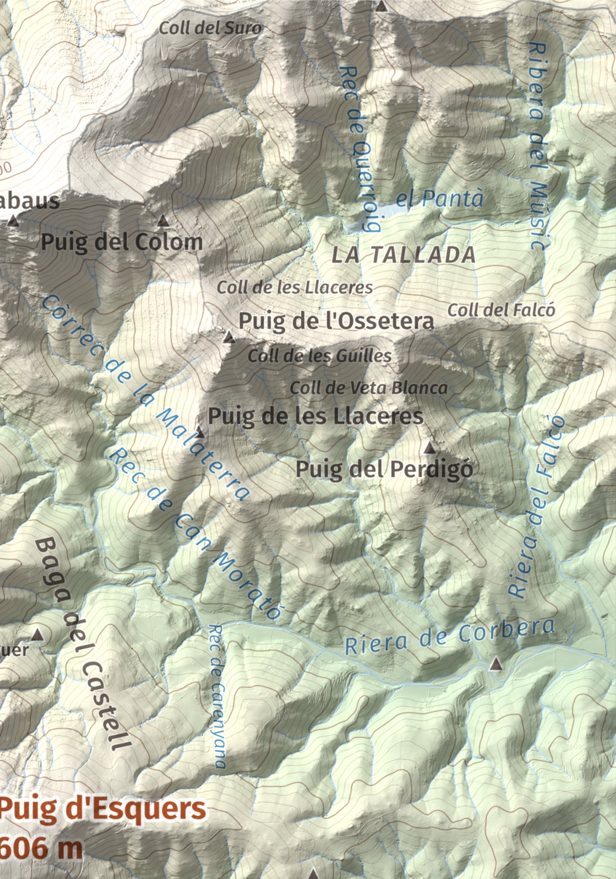 Mapa topográfico del relieve: Puig d'Esquers, 606 m. Detalle de la zona superior derecha. 21 × 30 cm.