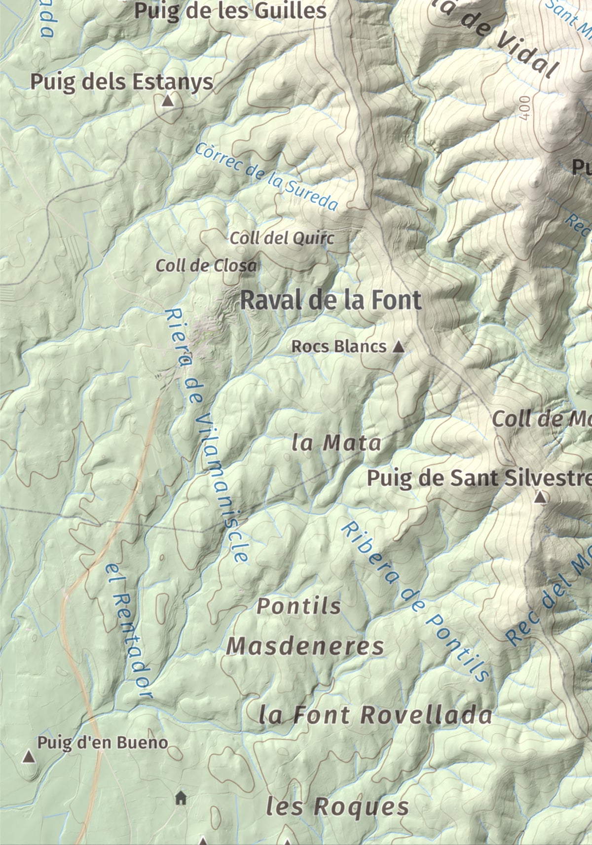 Mapa topográfico del relieve: Puig d'Esquers, 606 m. Detalle de la zona inferior izquierda. 21 × 30 cm.