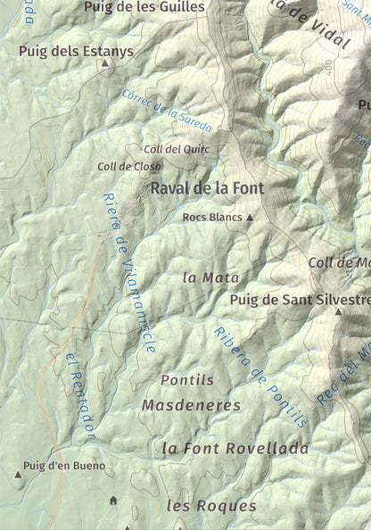 Mapa topográfico del relieve: Puig d'Esquers, 606 m. Detalle de la zona inferior izquierda. 21 × 30 cm.