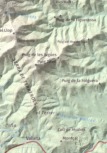 Mapa topográfico del relieve: Puig d'Esquers, 606 m. Detalle de la zona inferior derecha. 21 × 30 cm.