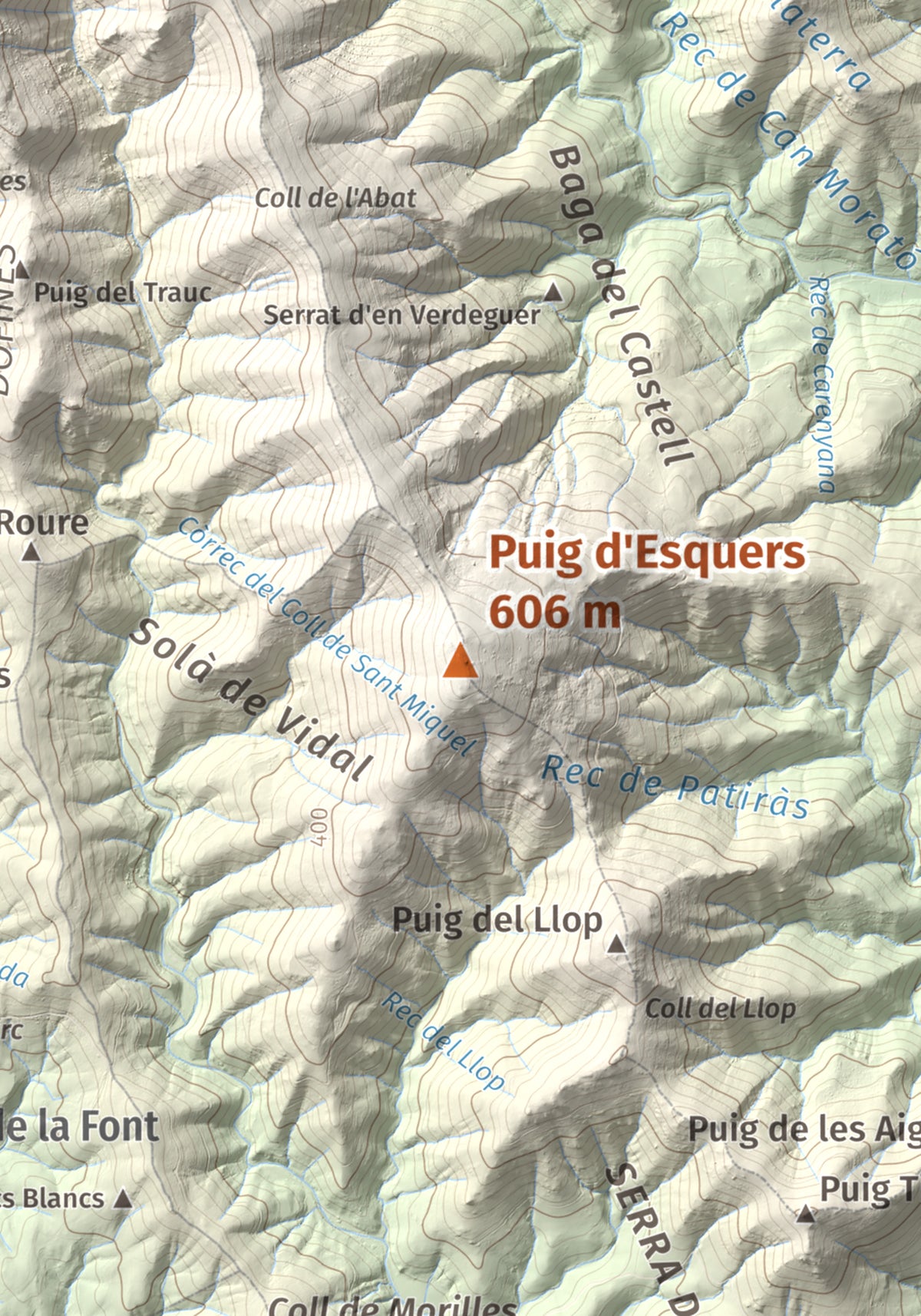 Mapa topográfico del relieve: Puig d'Esquers, 606 m. Detalle de la zona central. 21 × 30 cm.