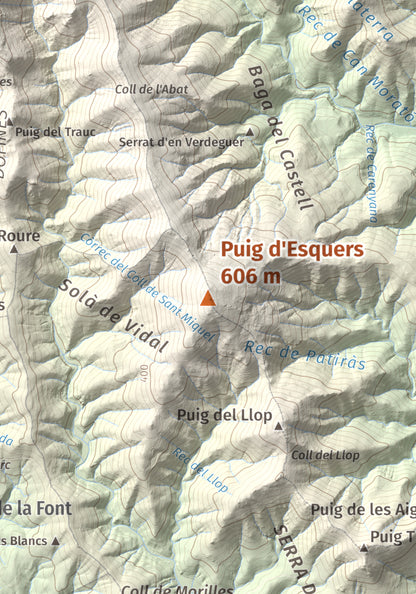 Mapa topográfico del relieve: Puig d'Esquers, 606 m. Detalle de la zona central. 21 × 30 cm.