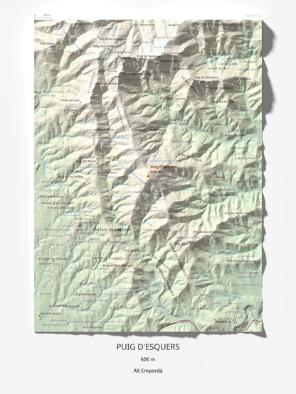 Mapa topográfico del relieve: Puig d'Esquers, 606 m. Lámina completa. 30 × 40 cm.