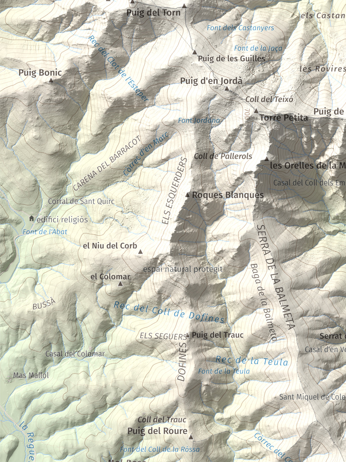 Mapa topográfico del relieve: Puig d'Esquers, 606 m. Detalle de la zona superior izquierda. 30 × 40 cm.