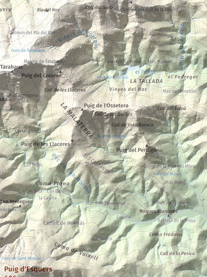 Mapa topográfico del relieve: Puig d'Esquers, 606 m. Detalle de la zona superior derecha. 30 × 40 cm.