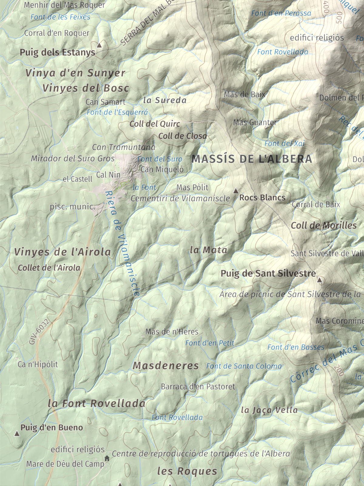 Mapa topográfico del relieve: Puig d'Esquers, 606 m. Detalle de la zona inferior izquierda. 30 × 40 cm.