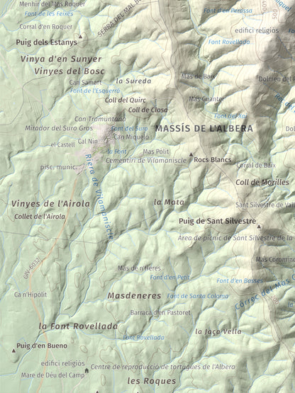 Mapa topográfico del relieve: Puig d'Esquers, 606 m. Detalle de la zona inferior izquierda. 30 × 40 cm.