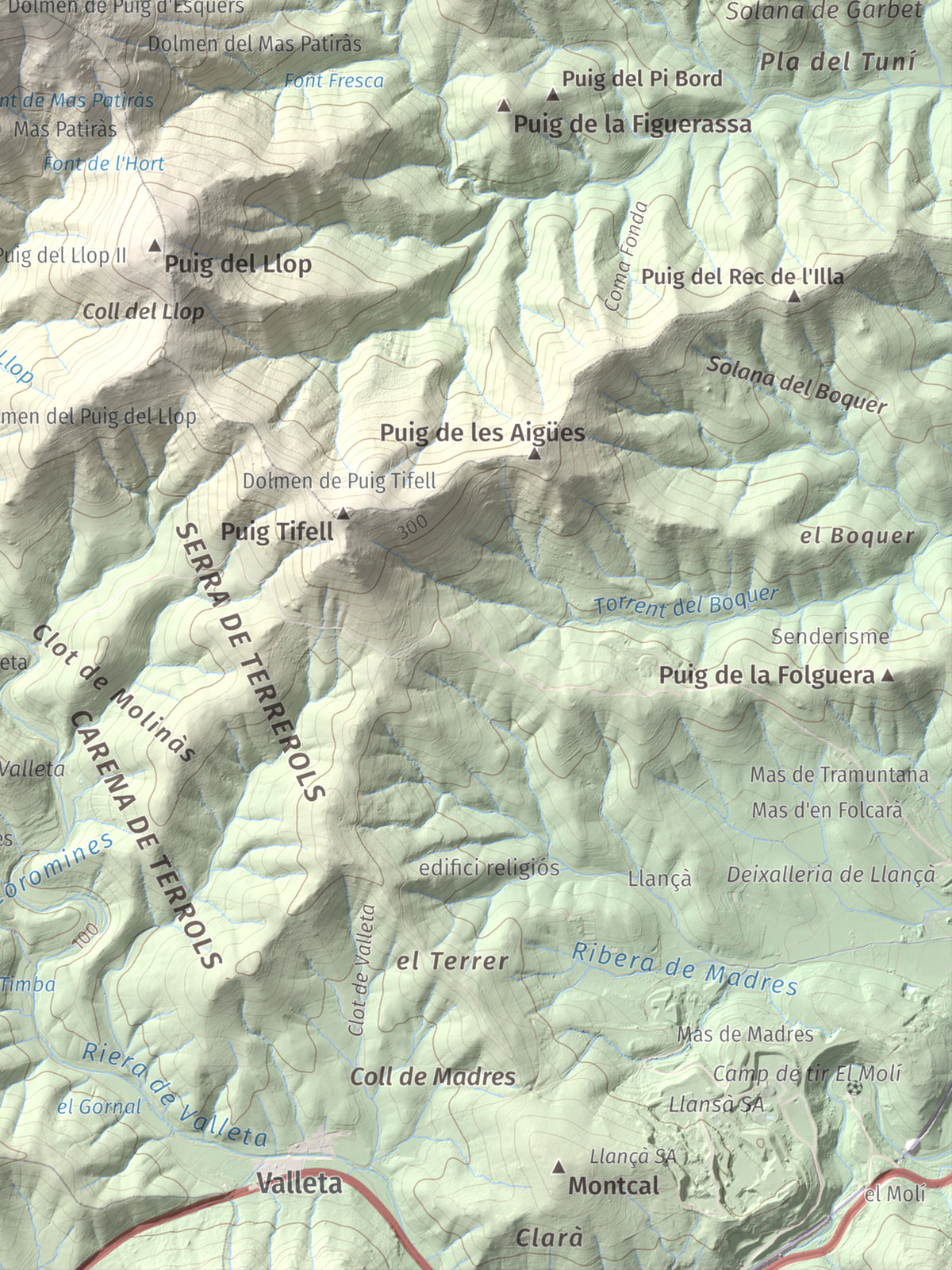 Mapa topográfico del relieve: Puig d'Esquers, 606 m. Detalle de la zona inferior derecha. 30 × 40 cm.