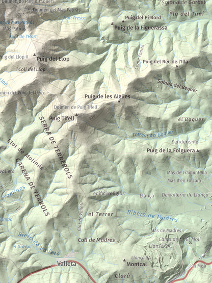 Mapa topográfico del relieve: Puig d'Esquers, 606 m. Detalle de la zona inferior derecha. 30 × 40 cm.