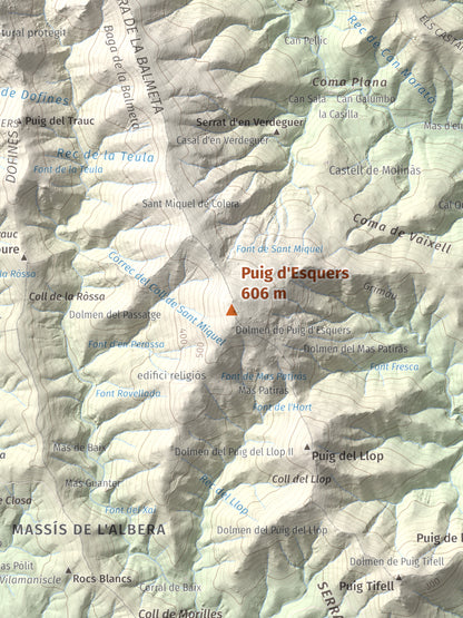 Mapa topográfico del relieve: Puig d'Esquers, 606 m. Detalle de la zona central. 30 × 40 cm.