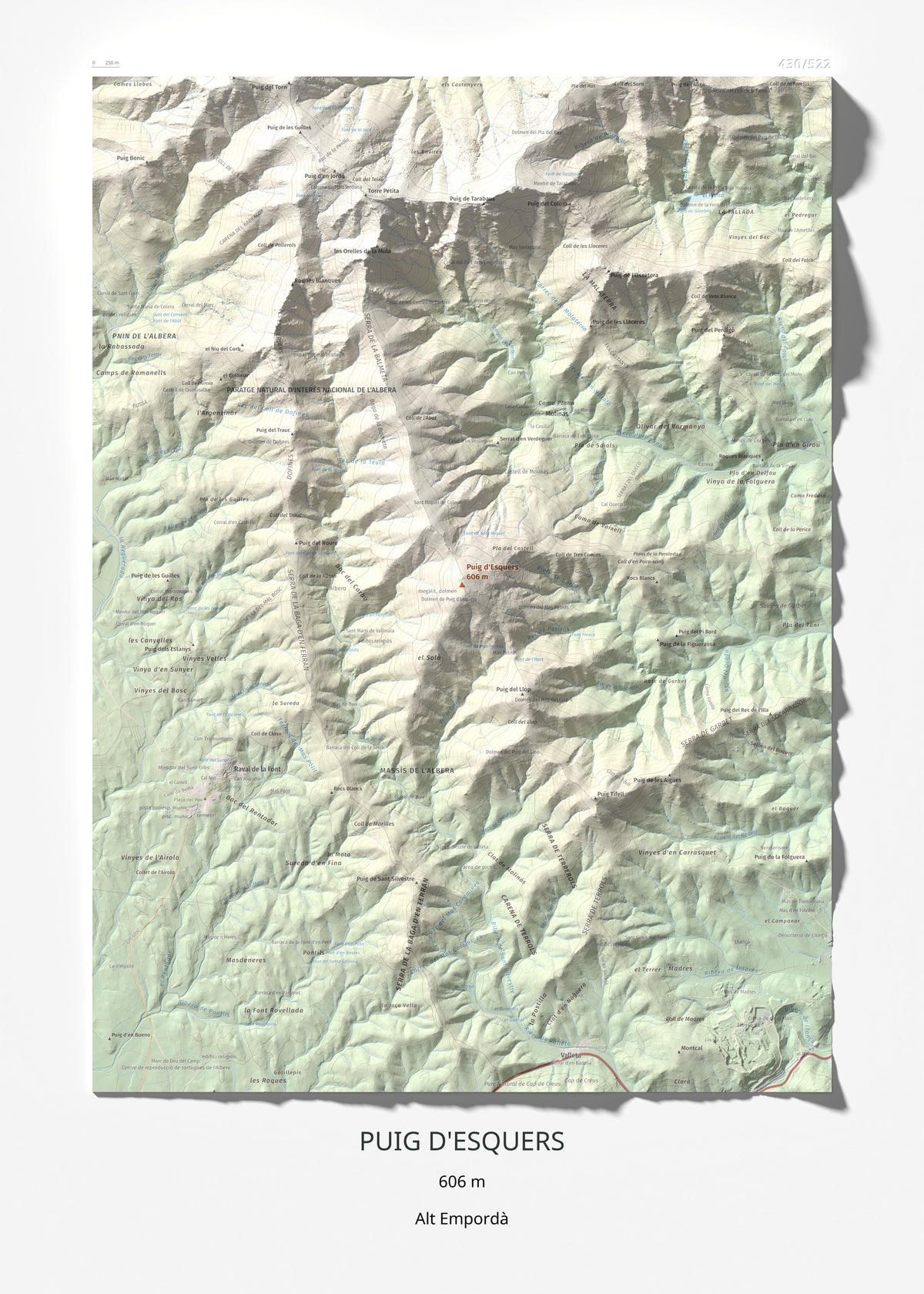 Mapa topográfico del relieve: Puig d'Esquers, 606 m. Lámina completa. 50 × 70 cm.