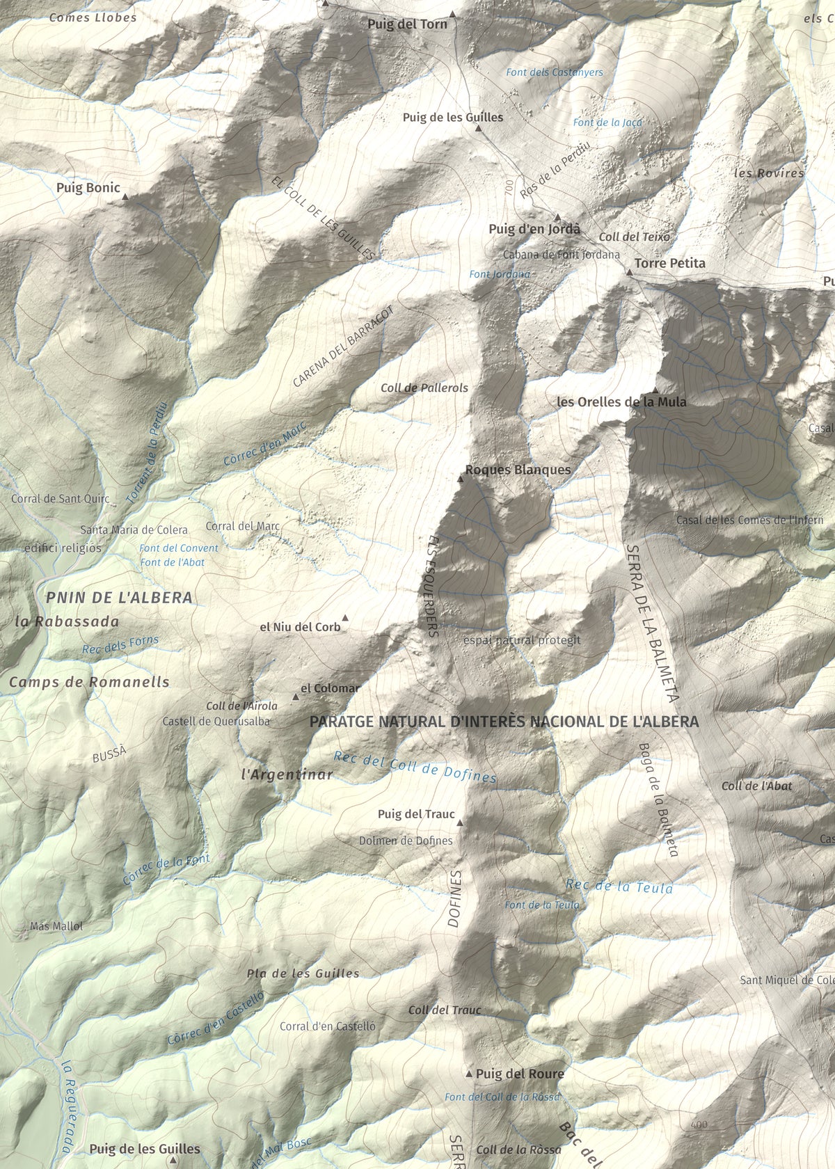 Mapa topográfico del relieve: Puig d'Esquers, 606 m. Detalle de la zona superior izquierda. 50 × 70 cm.