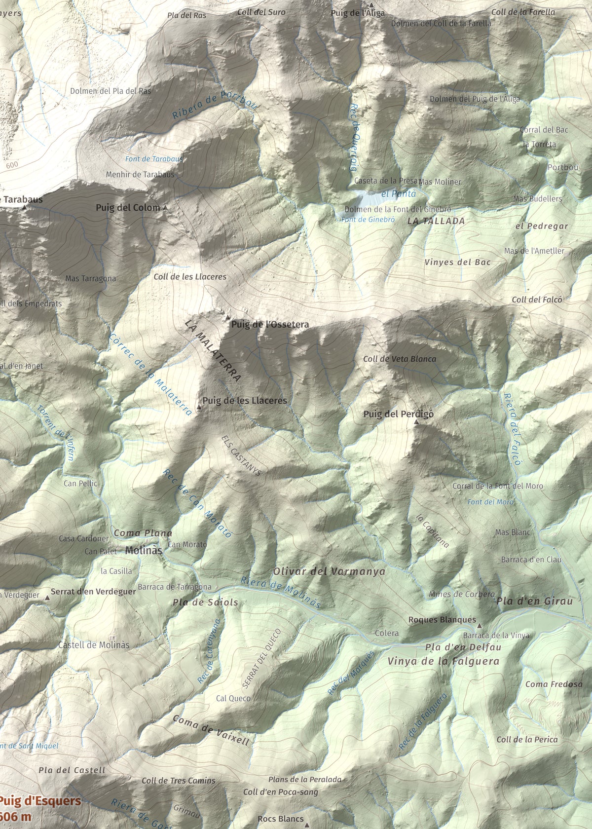 Mapa topográfico del relieve: Puig d'Esquers, 606 m. Detalle de la zona superior derecha. 50 × 70 cm.